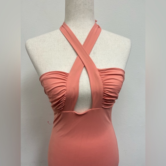 Bardot Orange Peach Stretch Halter Midi Slit Dress Guilia Size Small - Picture 4 of 12
